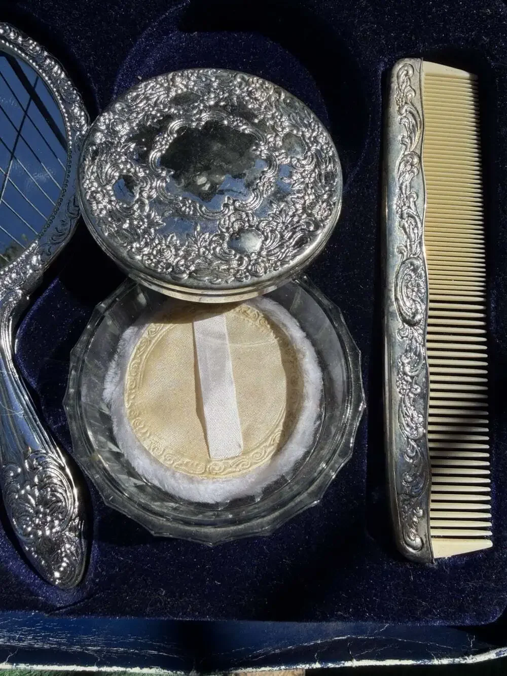 Vntg”Never Used”SilverPlated HandMirror Hair Brush Comb & Powder Jar Vanity Set